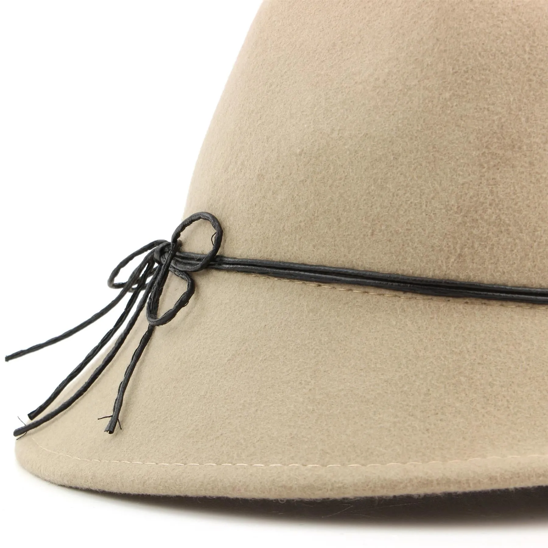 100% Wool felt asymmetric brim trilby hat with cord band - Beige (57cm)