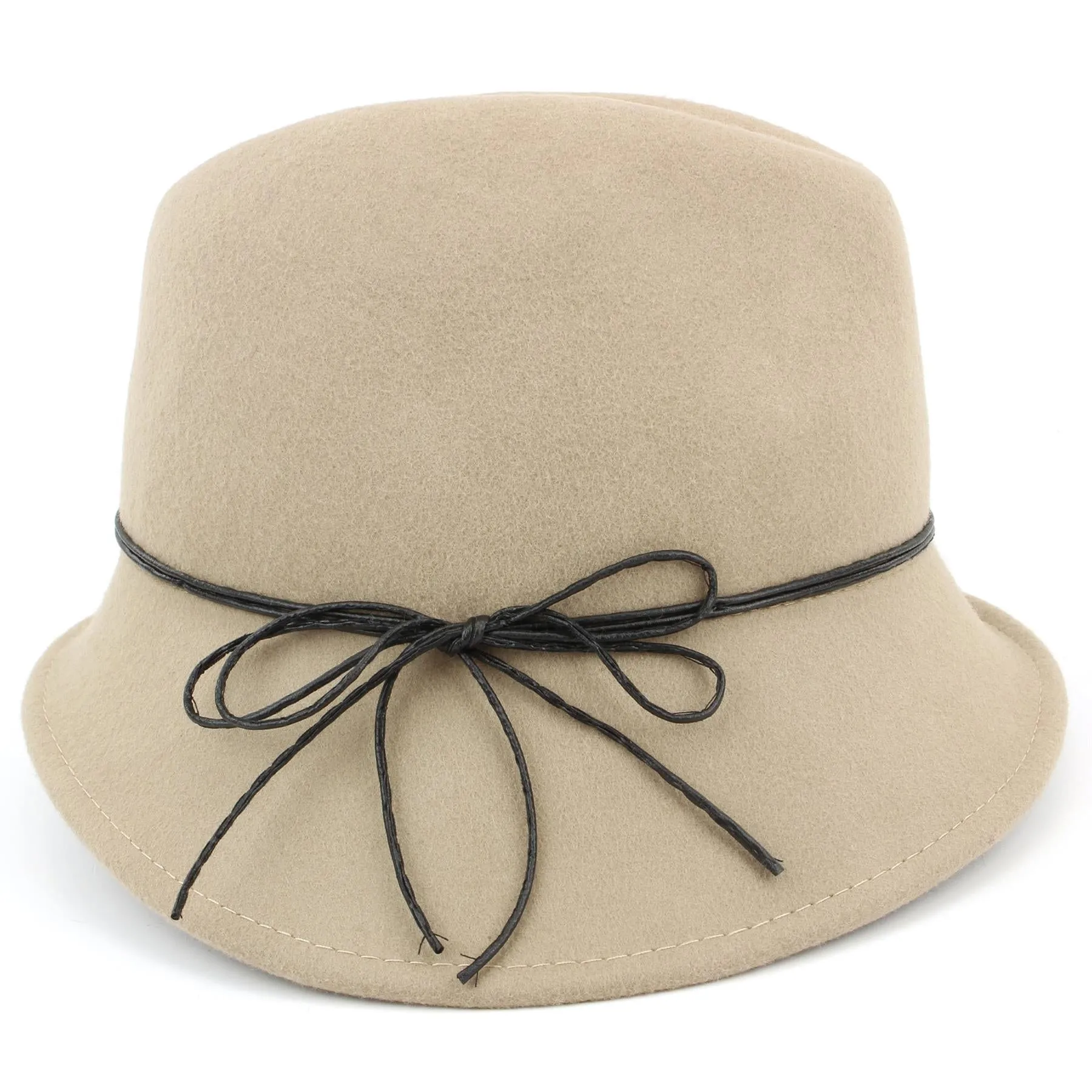 100% Wool felt asymmetric brim trilby hat with cord band - Beige (57cm)