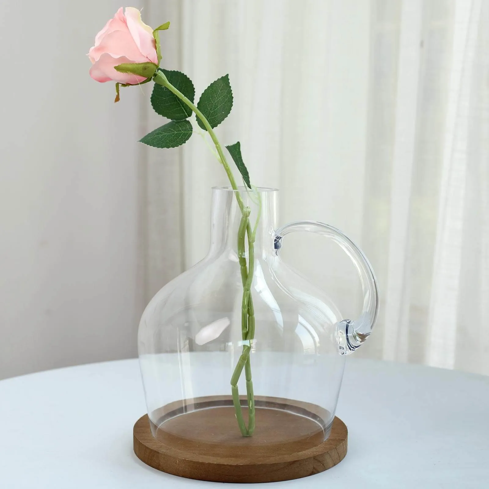 10" Heavy Duty Clear Glass Vases Candle Holder Centerpiece, Cloche Jar Dome With Wooden Base