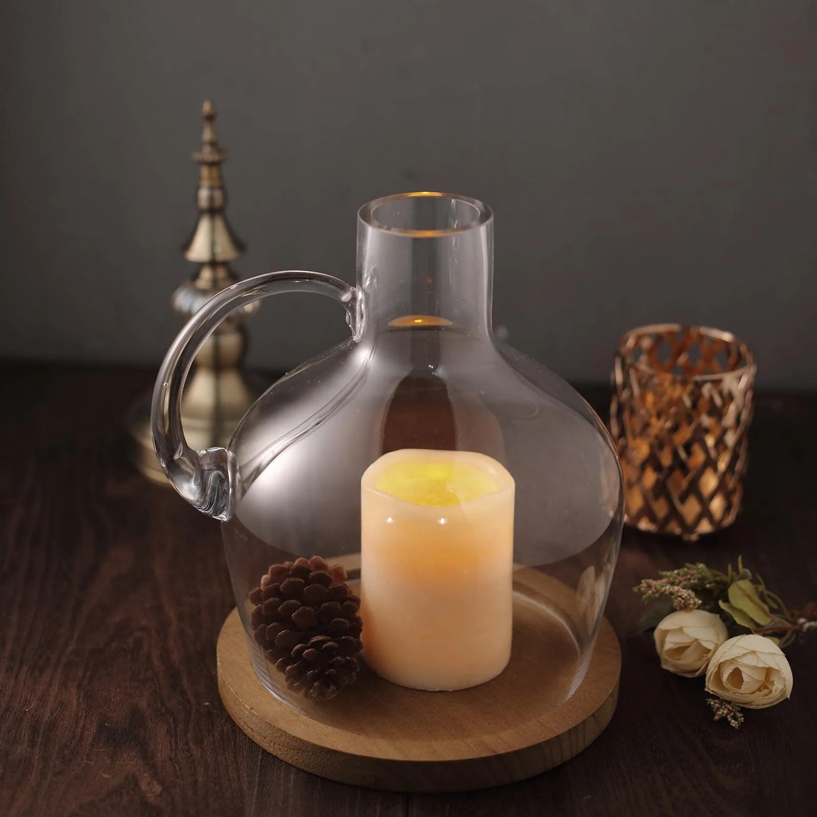 10" Heavy Duty Clear Glass Vases Candle Holder Centerpiece, Cloche Jar Dome With Wooden Base