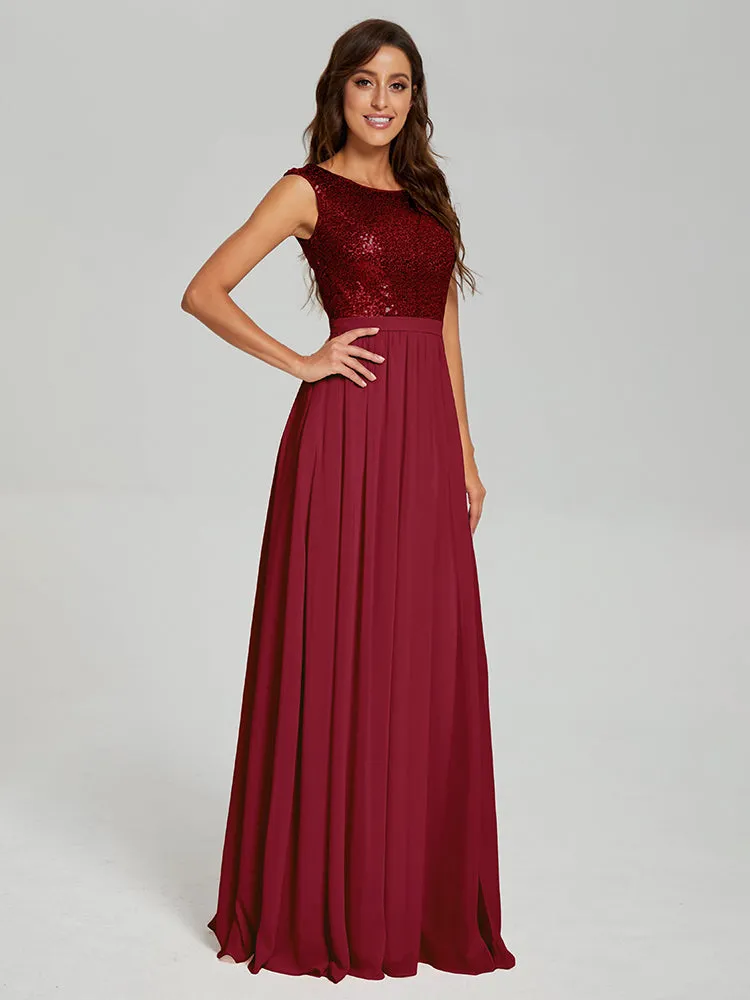 A-Line Round Neck Sequins Prom Dresses With Split