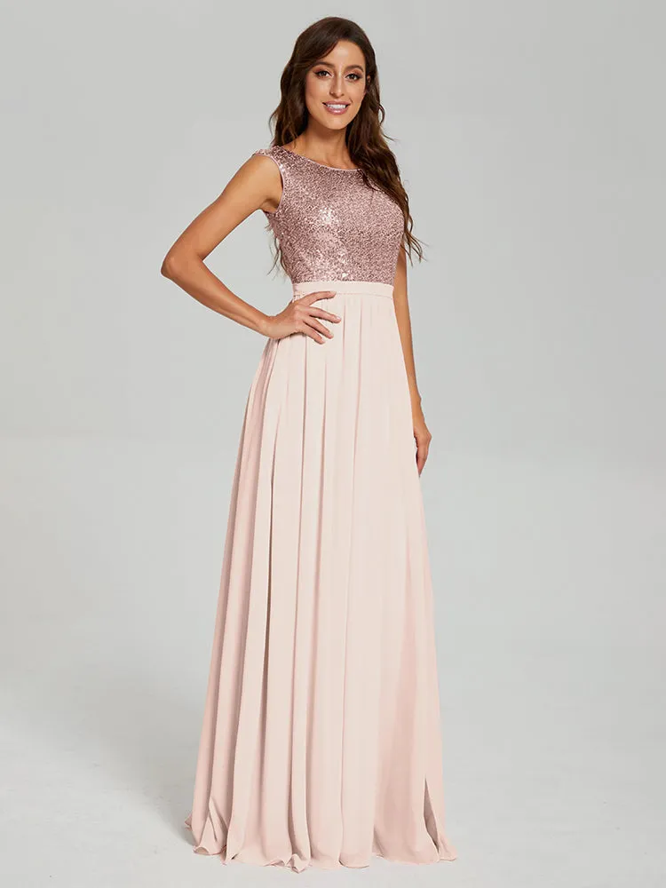 A-Line Round Neck Sequins Prom Dresses With Split