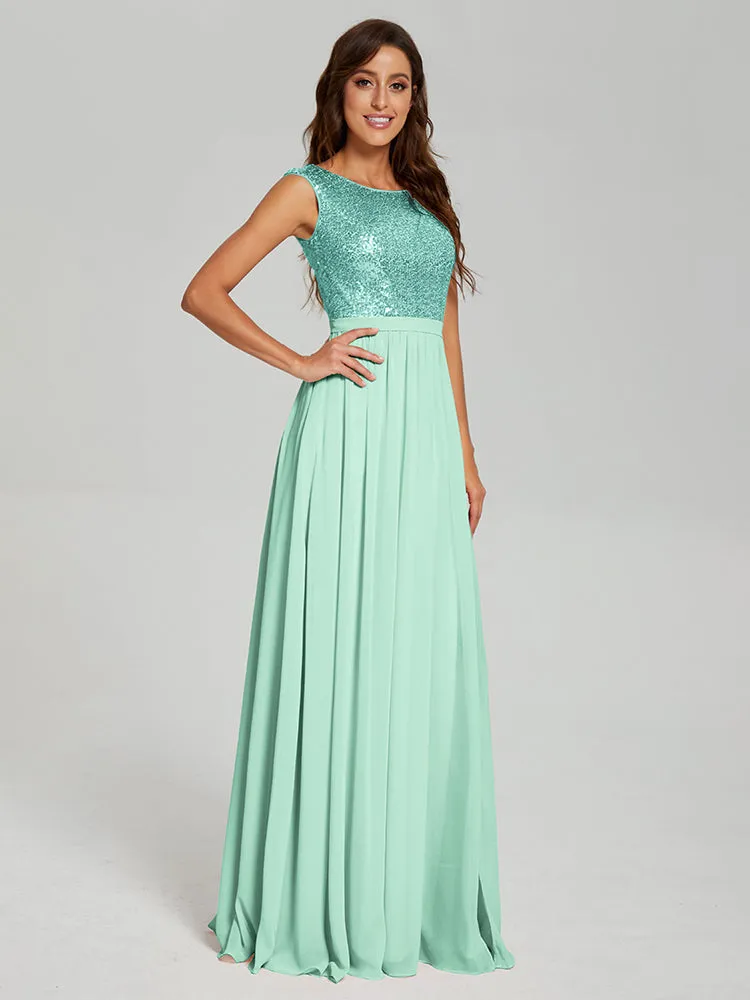 A-Line Round Neck Sequins Prom Dresses With Split