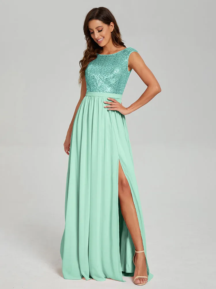 A-Line Round Neck Sequins Prom Dresses With Split