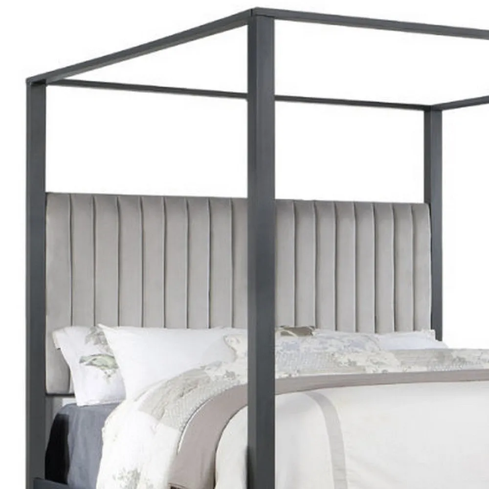 Abby King Canopy Bed, Mirrored Trim, Gray Velvet Channel Tufted Upholstery By Casagear Home