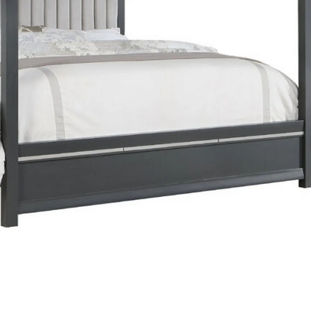 Abby King Canopy Bed, Mirrored Trim, Gray Velvet Channel Tufted Upholstery By Casagear Home