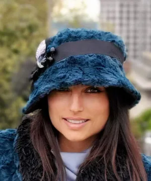 Abigail Style Hat - Luxury Faux Fur in Peacock Pond with Black Faux Suede