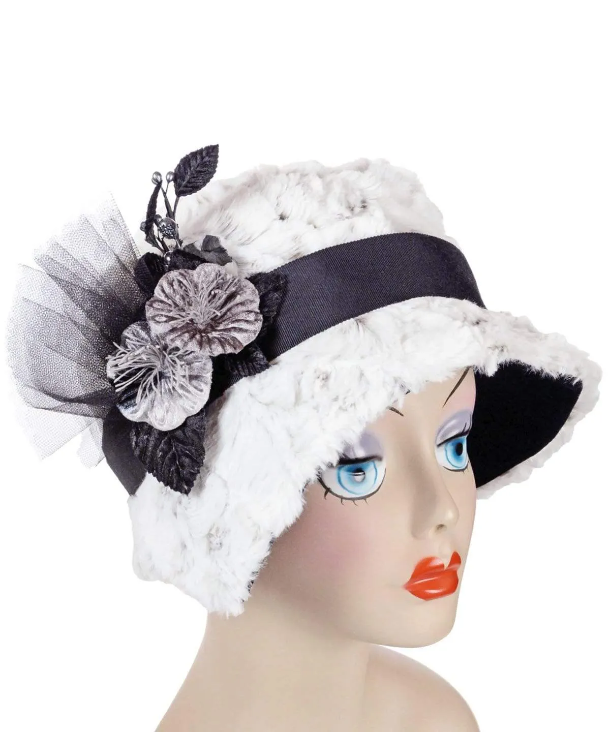 Abigail Style Hat - Luxury Faux Fur in Winters Frost with Black Faux Suede