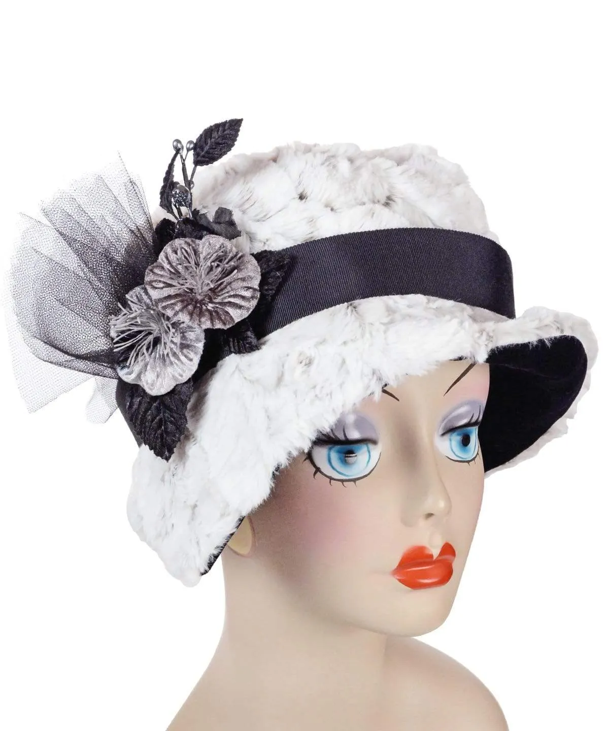 Abigail Style Hat - Luxury Faux Fur in Winters Frost with Black Faux Suede