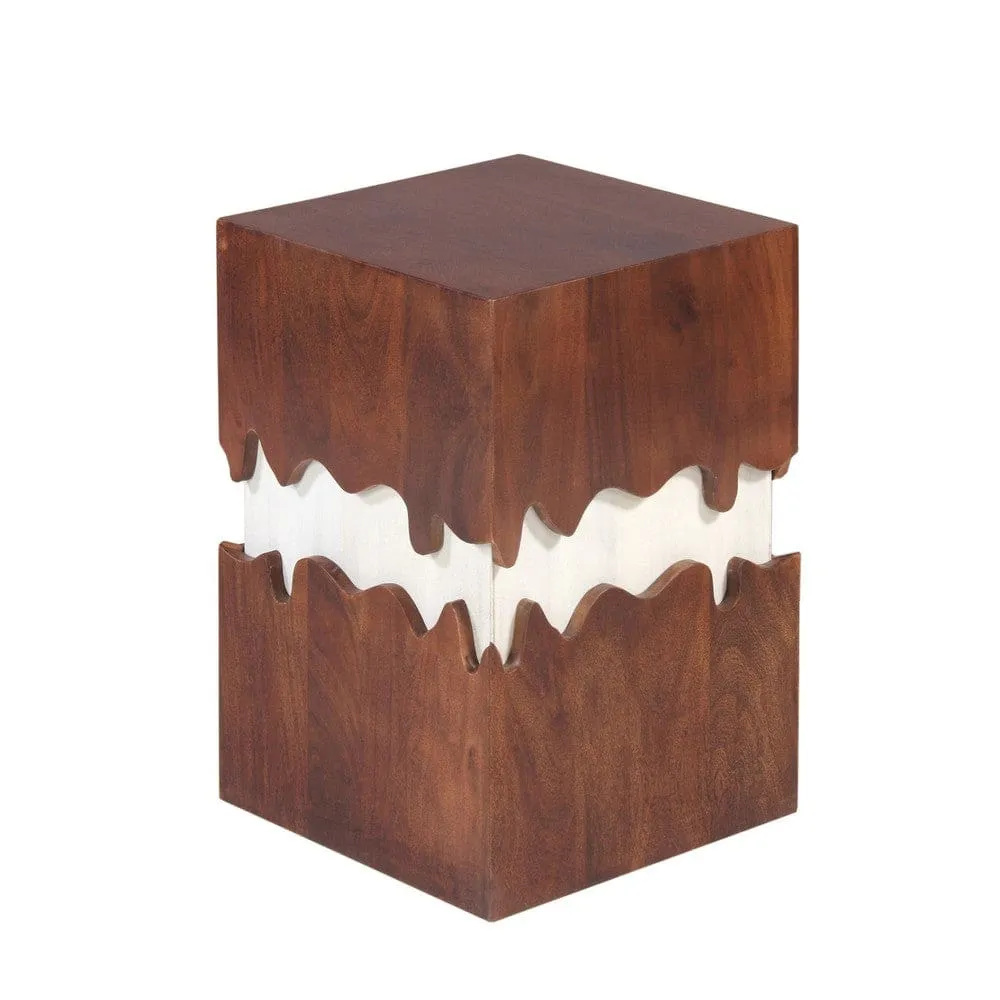 Allen 21 Inch Modern 2 Tone Acacia Wood Side End Table, Block Pedestal, Abstract Design, Walnut, White By The Urban Port