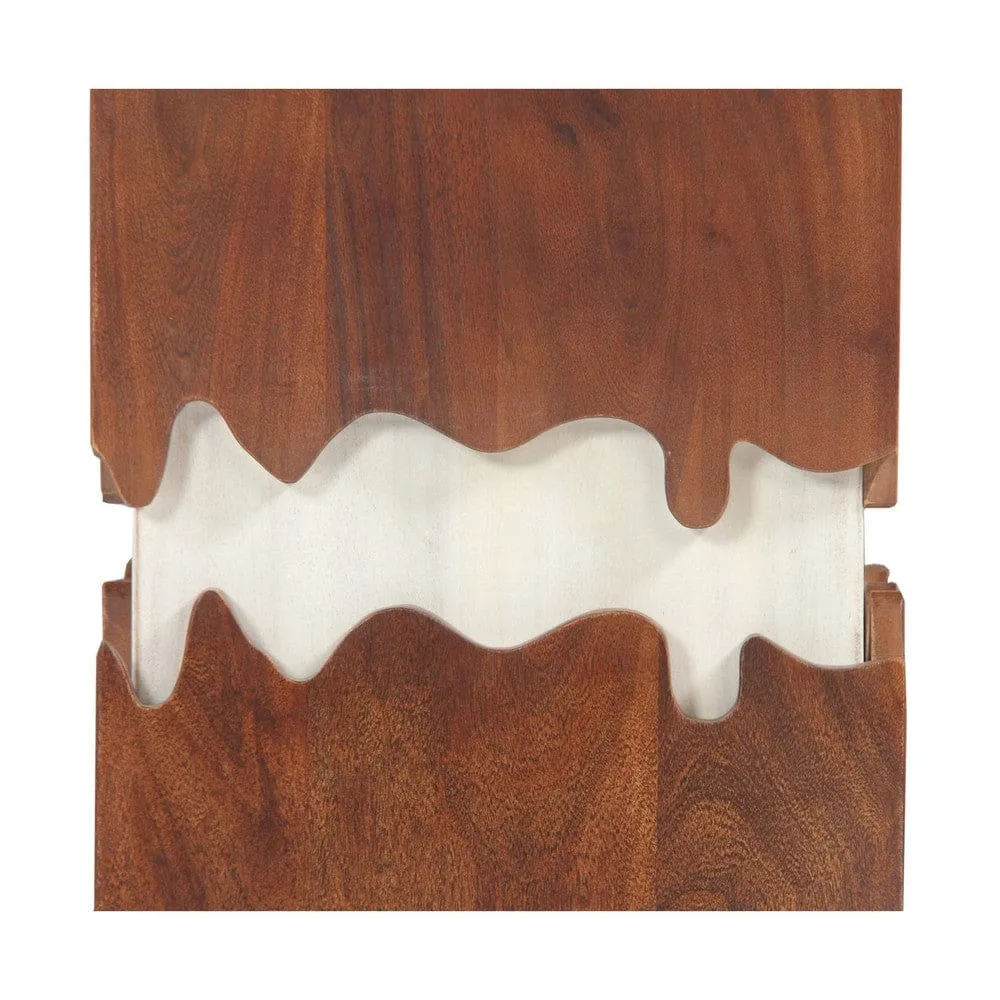 Allen 21 Inch Modern 2 Tone Acacia Wood Side End Table, Block Pedestal, Abstract Design, Walnut, White By The Urban Port