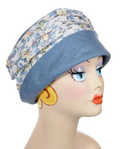 Ana Cloche Hat Style - Linen in Dusty Blue with Victory Garden (One Large Left!)