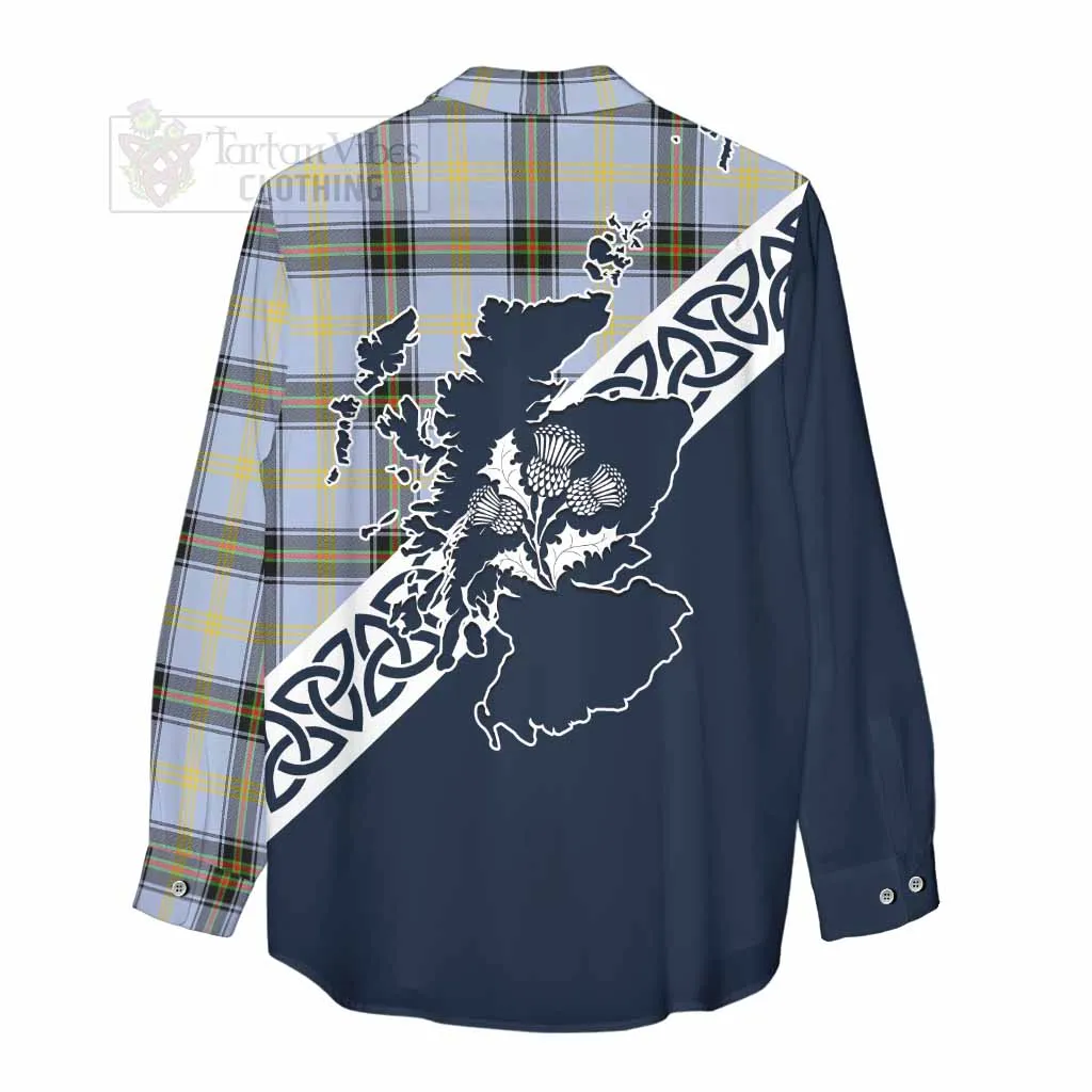 Bell Tartan Women's Casual Shirt Featuring Thistle and Scotland Map