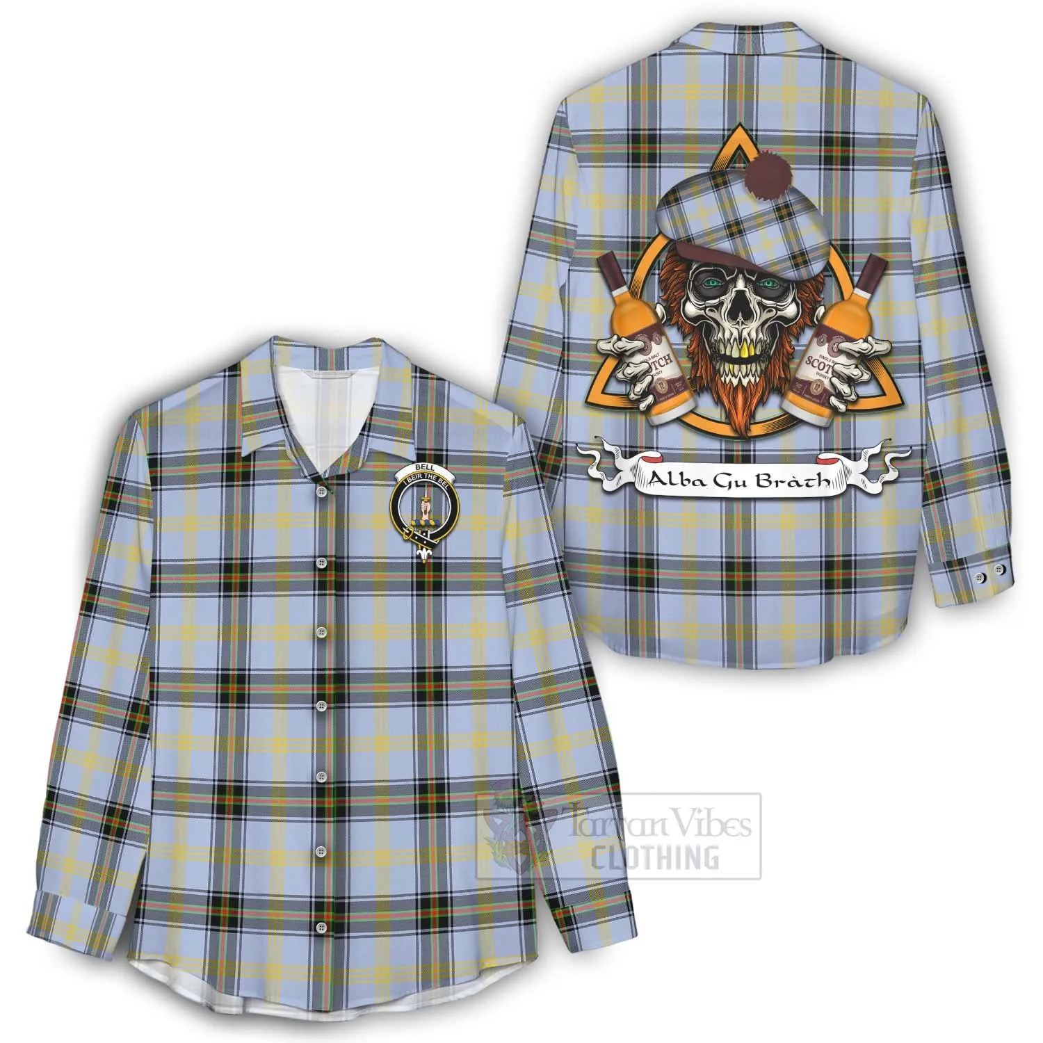 Bell Tartan Women's Casual Shirt with Family Crest and Bearded Skull Holding Bottles of Whiskey