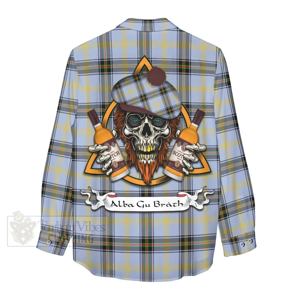 Bell Tartan Women's Casual Shirt with Family Crest and Bearded Skull Holding Bottles of Whiskey