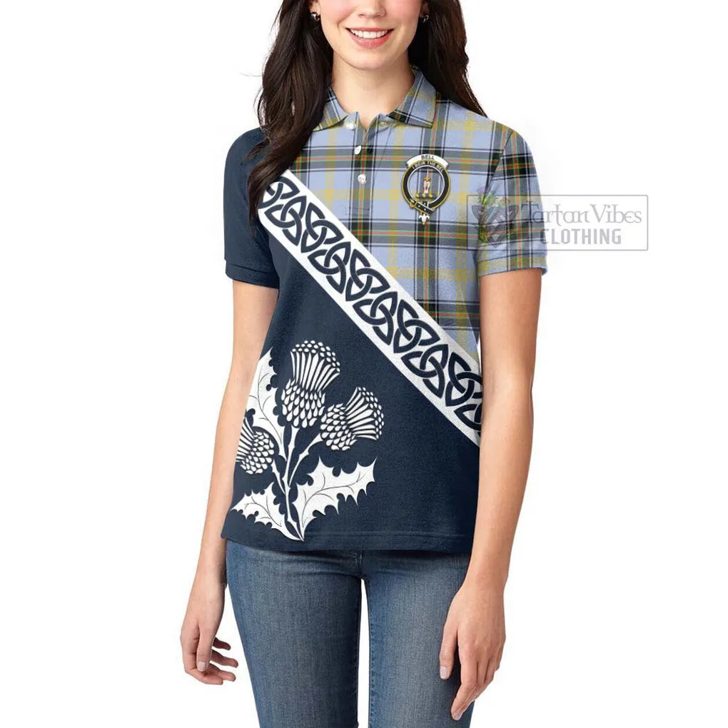 Bell Tartan Women's Polo Shirt Featuring Thistle and Scotland Map