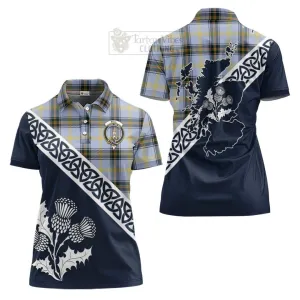 Bell Tartan Women's Polo Shirt Featuring Thistle and Scotland Map