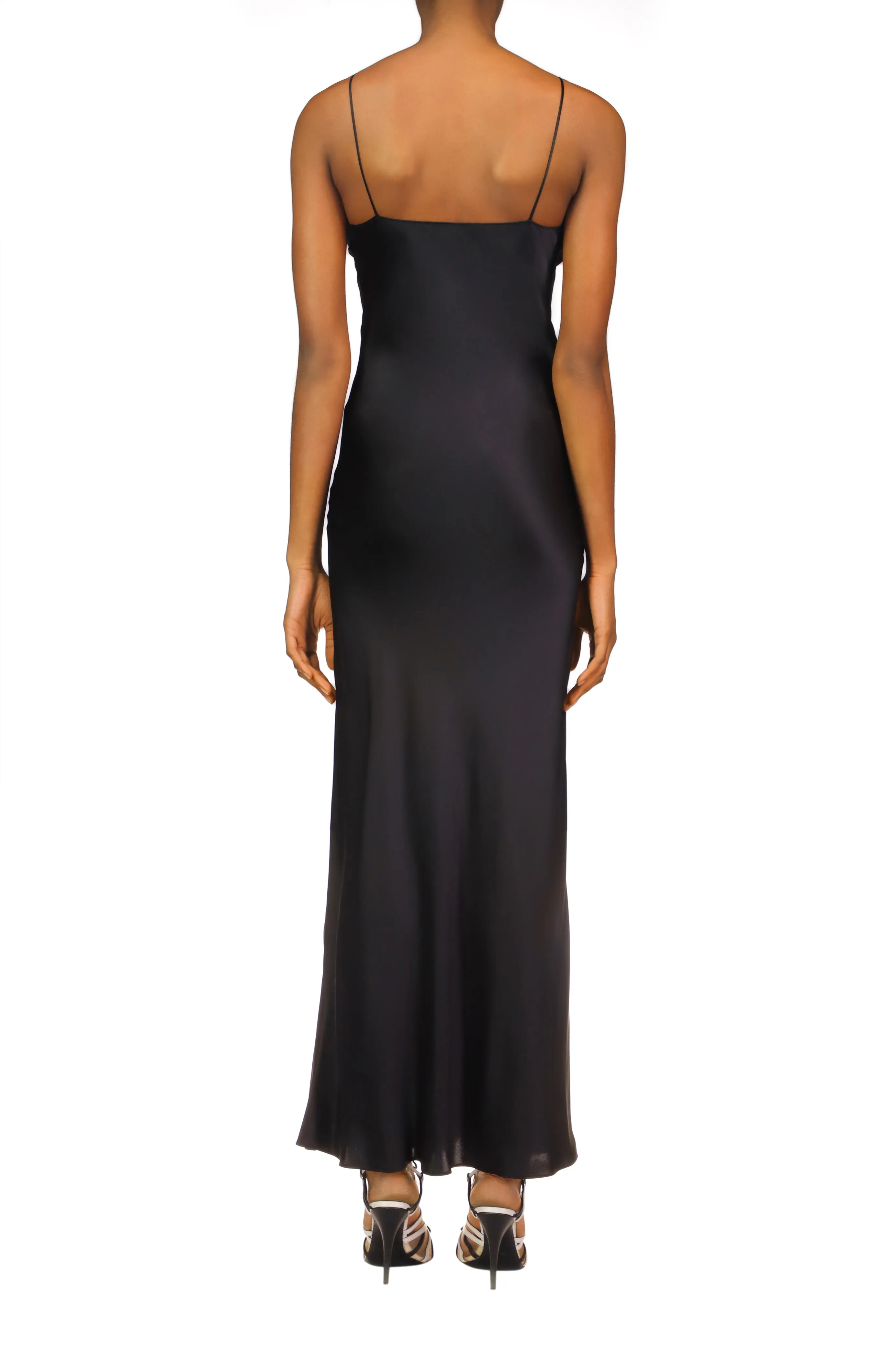 Black Silk Satin Bias Dress With Ruched Bust And Black Lace Detail