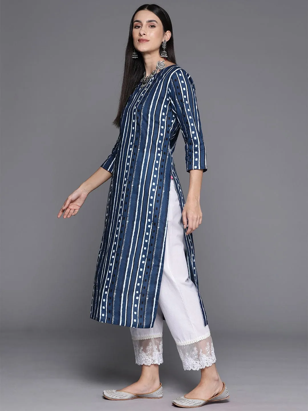 Blue Printed, Round Neck, Straight Kurta With Side Slits.