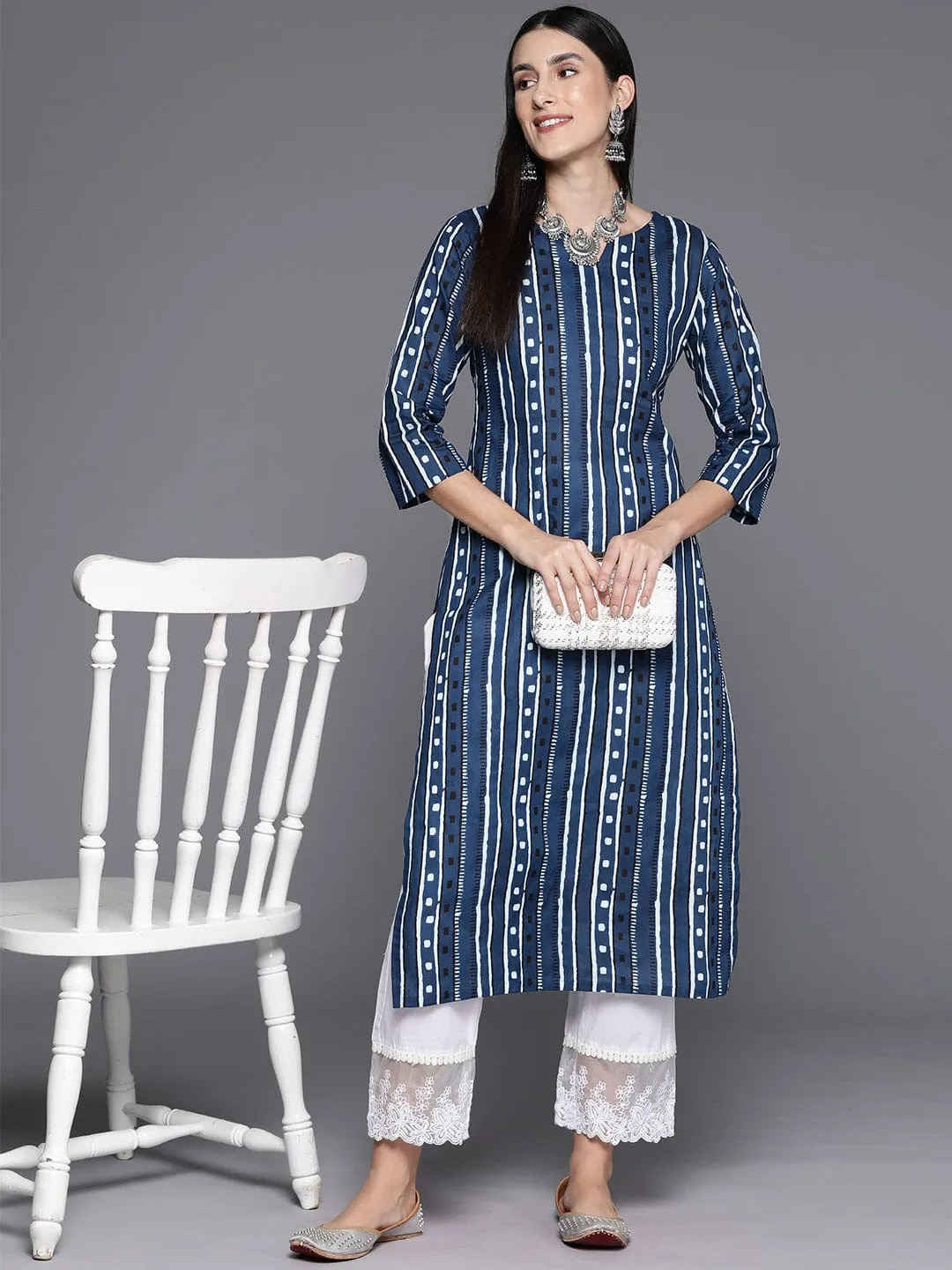 Blue Printed, Round Neck, Straight Kurta With Side Slits.