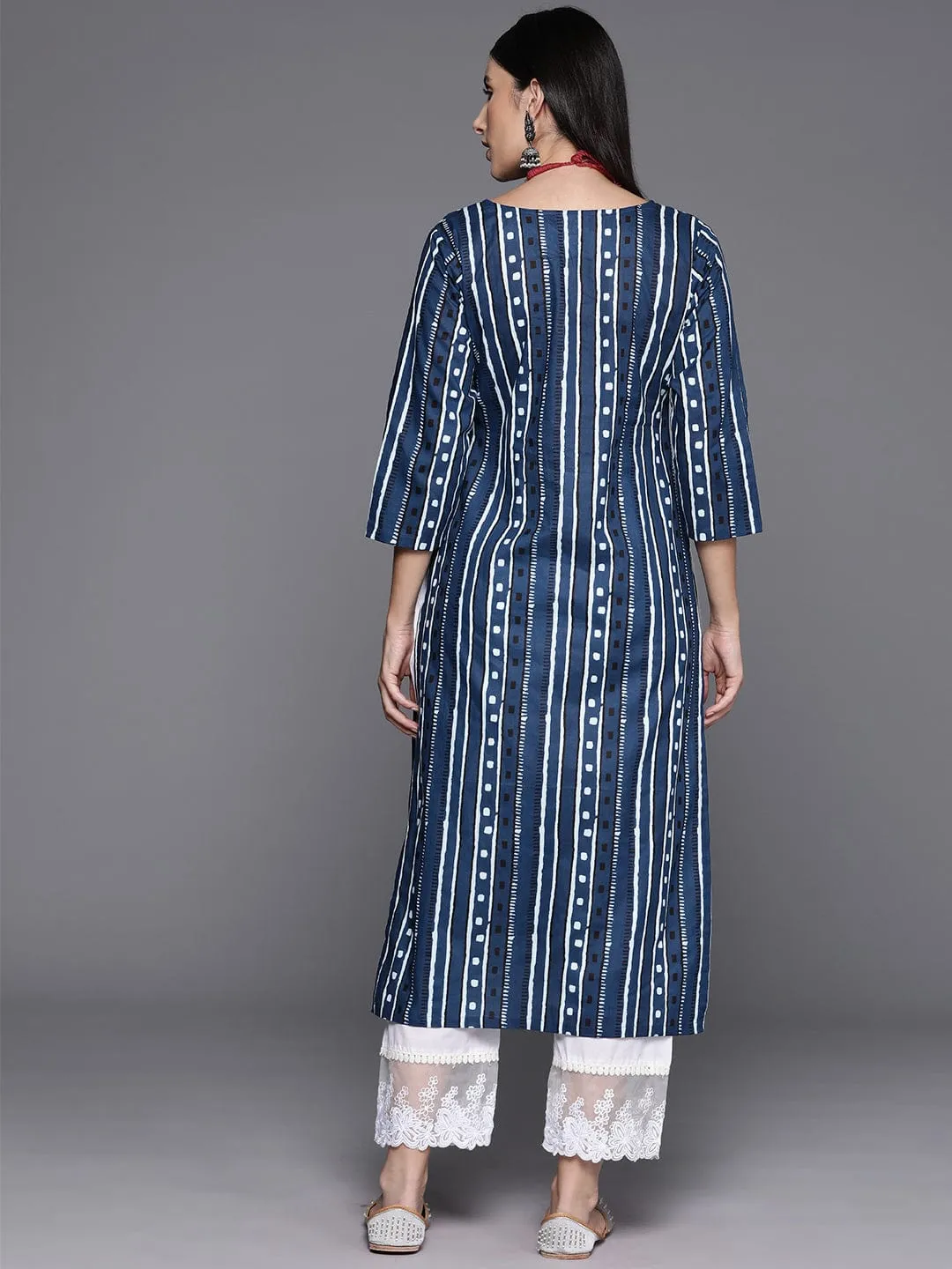 Blue Printed, Round Neck, Straight Kurta With Side Slits.