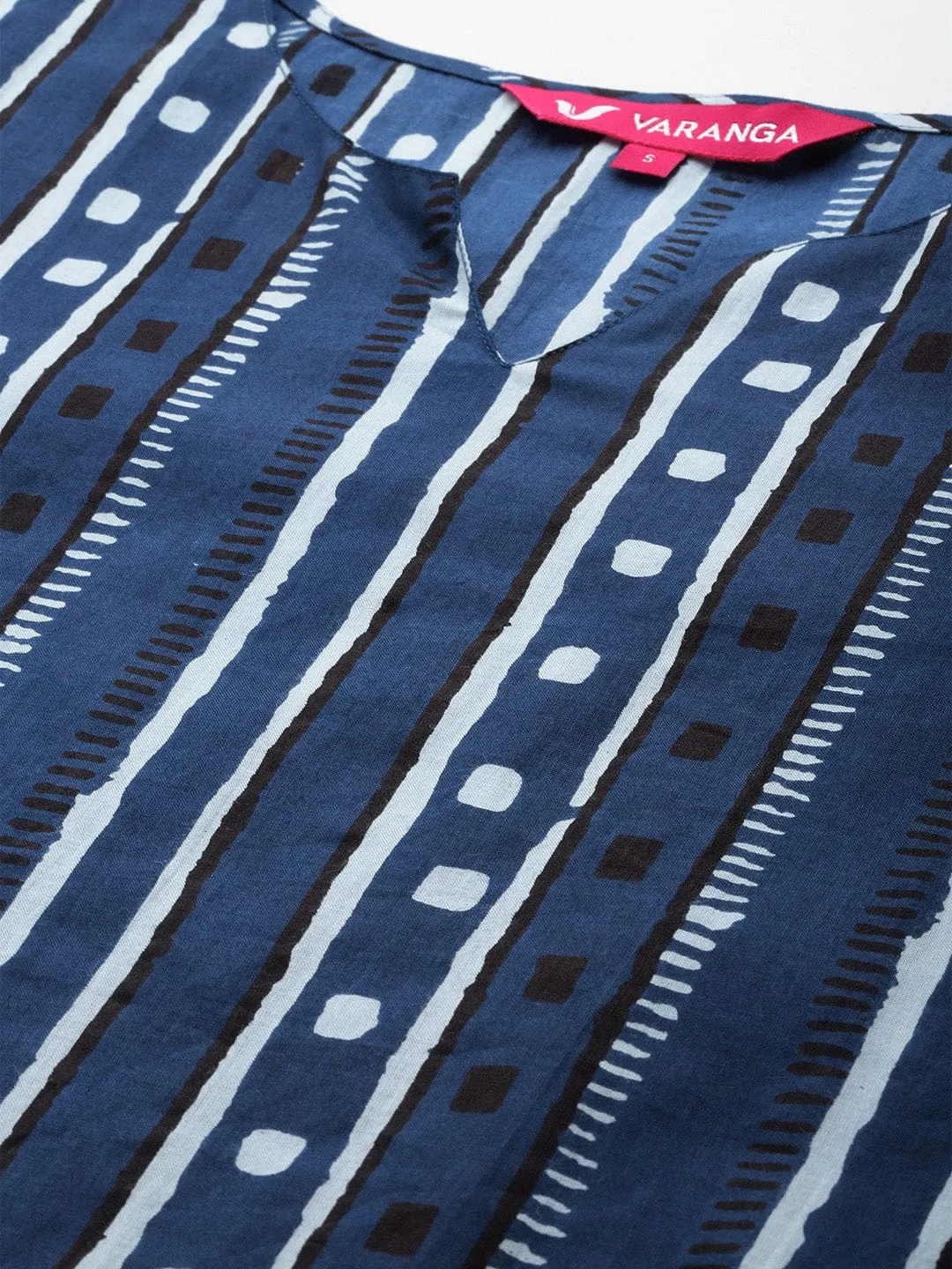 Blue Printed, Round Neck, Straight Kurta With Side Slits.