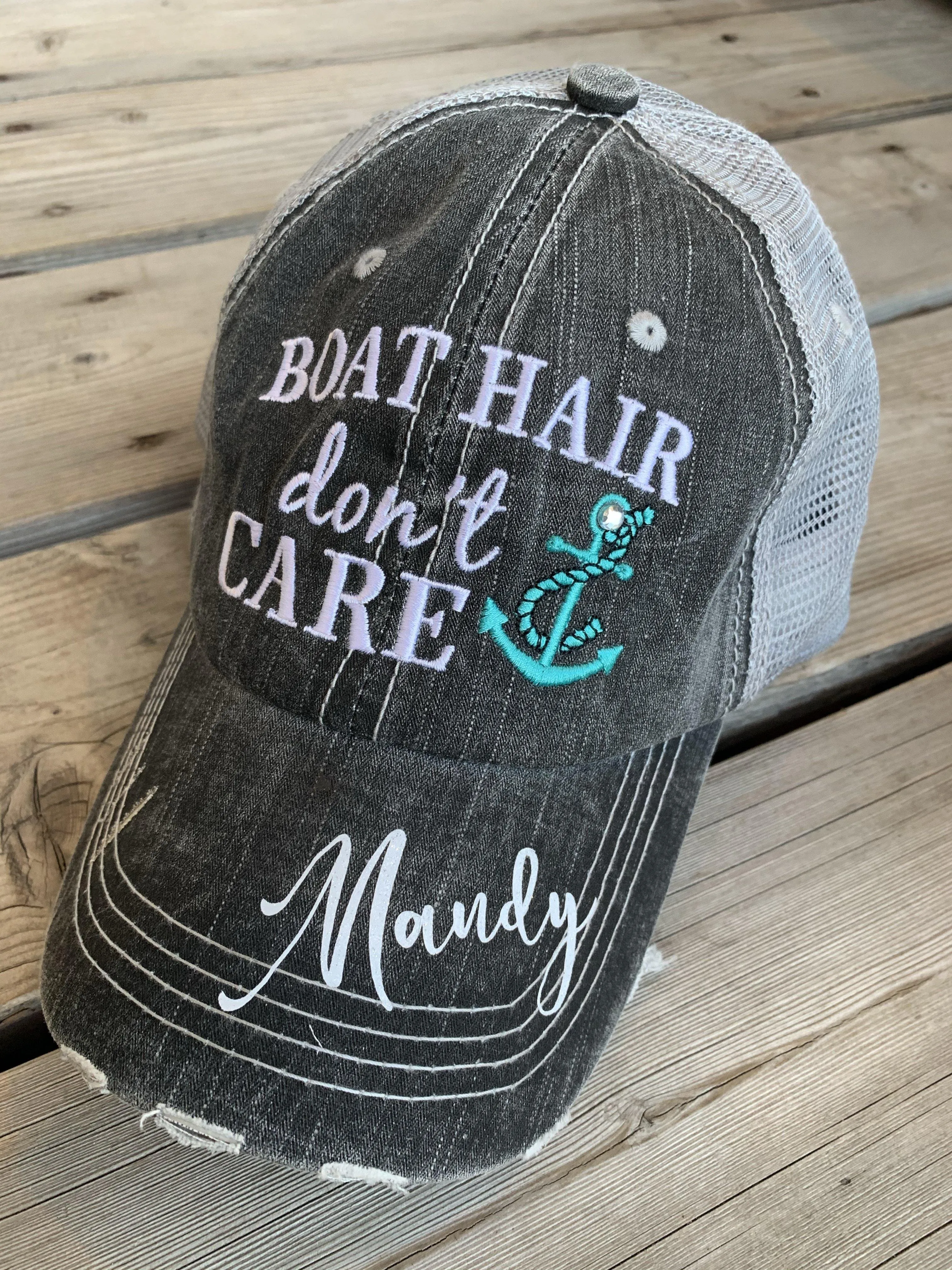 Boating Hats Boat hair dont care Teal or pink anchor Personalized e mbroidered gray distressed trucker caps mesh back adjustable velkro