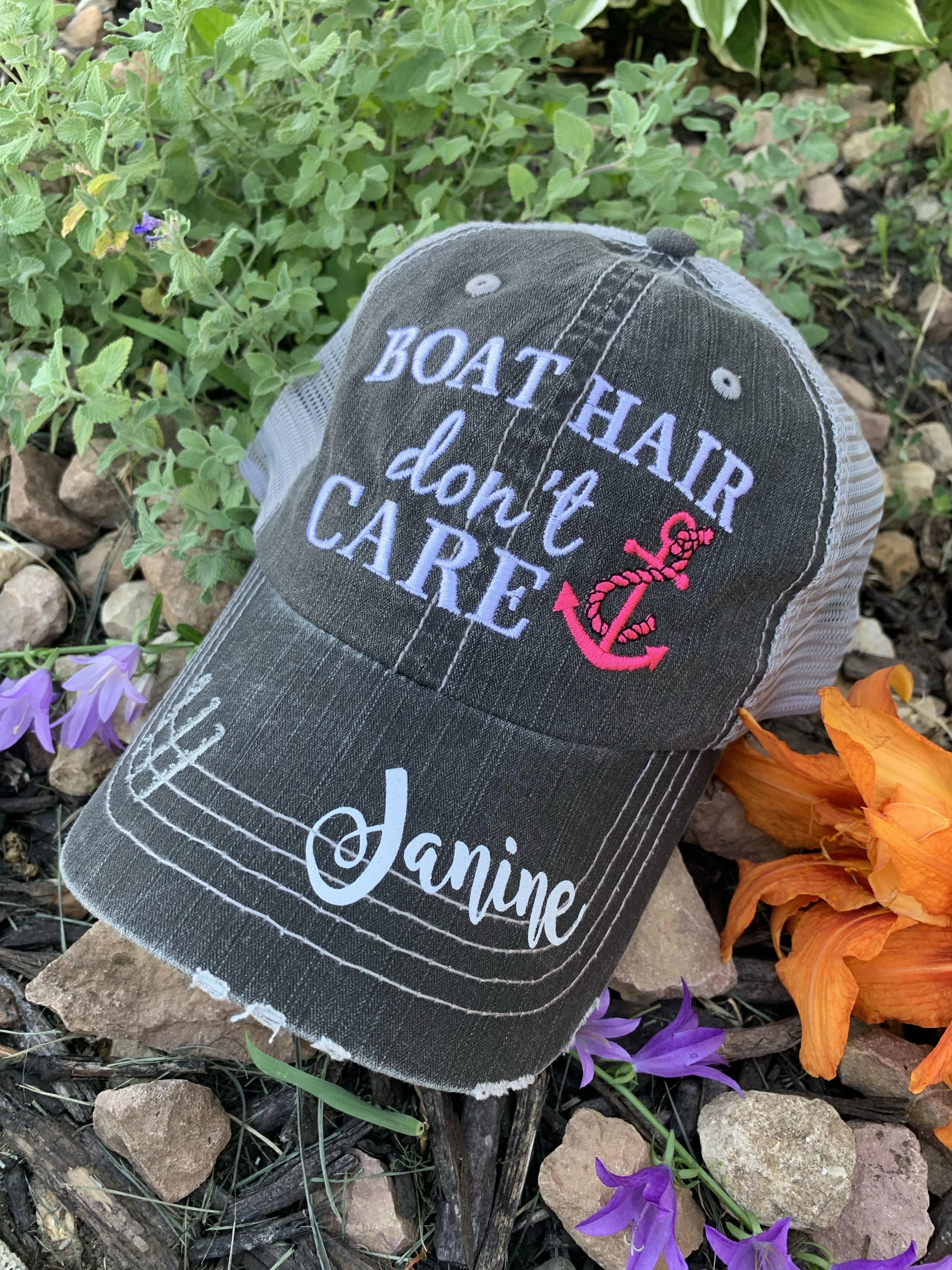 Boating Hats Boat hair dont care Teal or pink anchor Personalized e mbroidered gray distressed trucker caps mesh back adjustable velkro