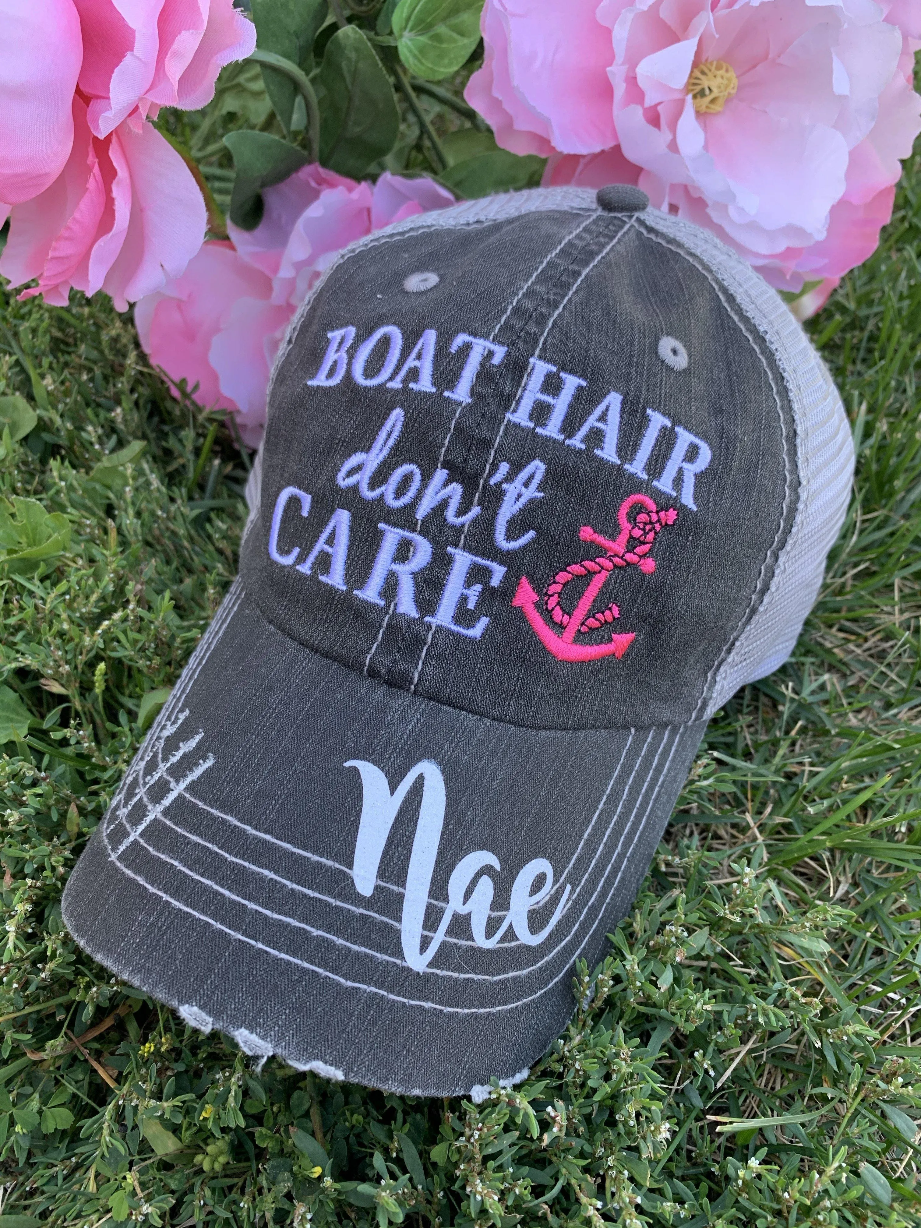 Boating Hats Boat hair dont care Teal or pink anchor Personalized e mbroidered gray distressed trucker caps mesh back adjustable velkro