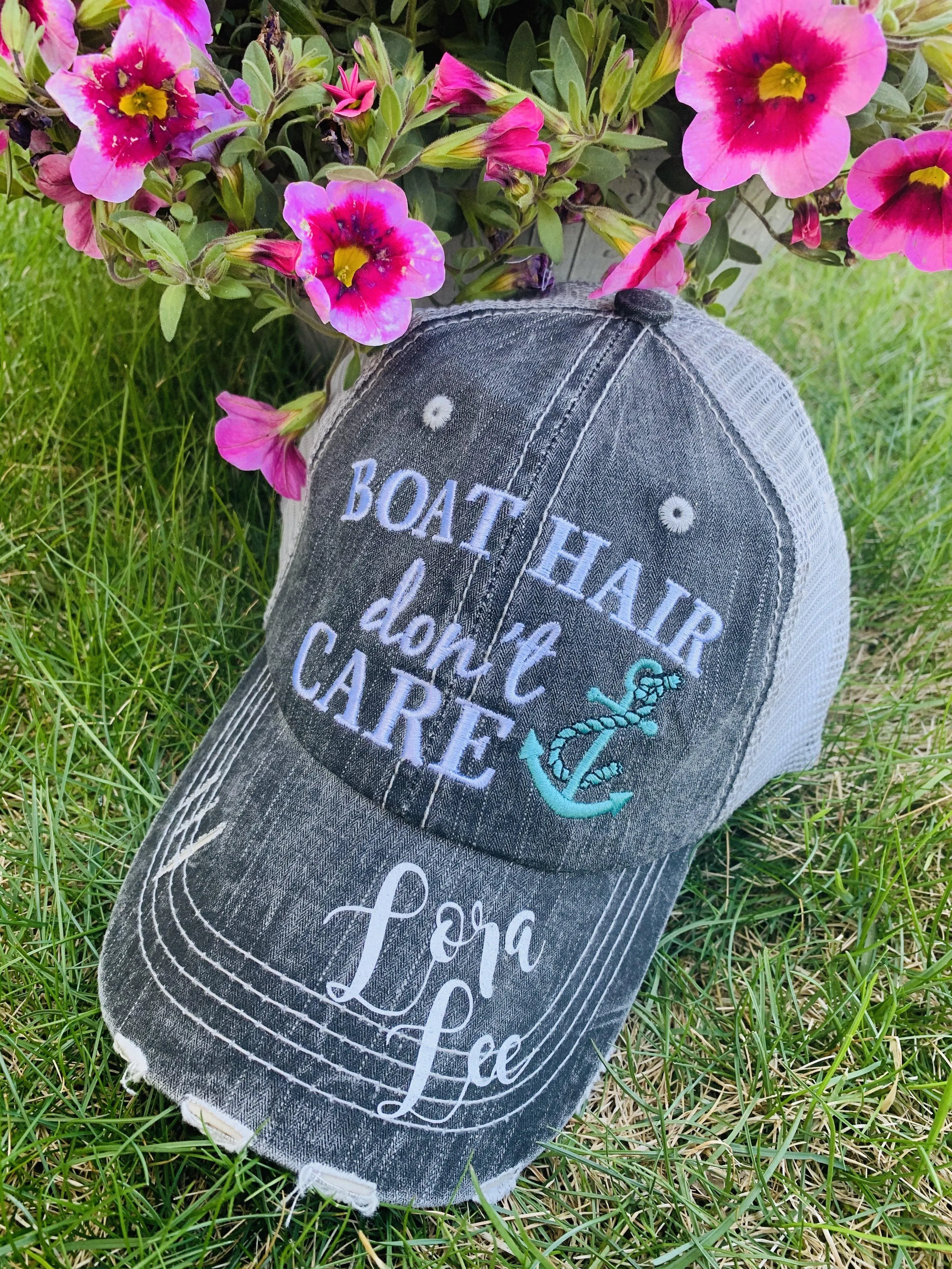 Boating Hats Boat hair dont care Teal or pink anchor Personalized e mbroidered gray distressed trucker caps mesh back adjustable velkro