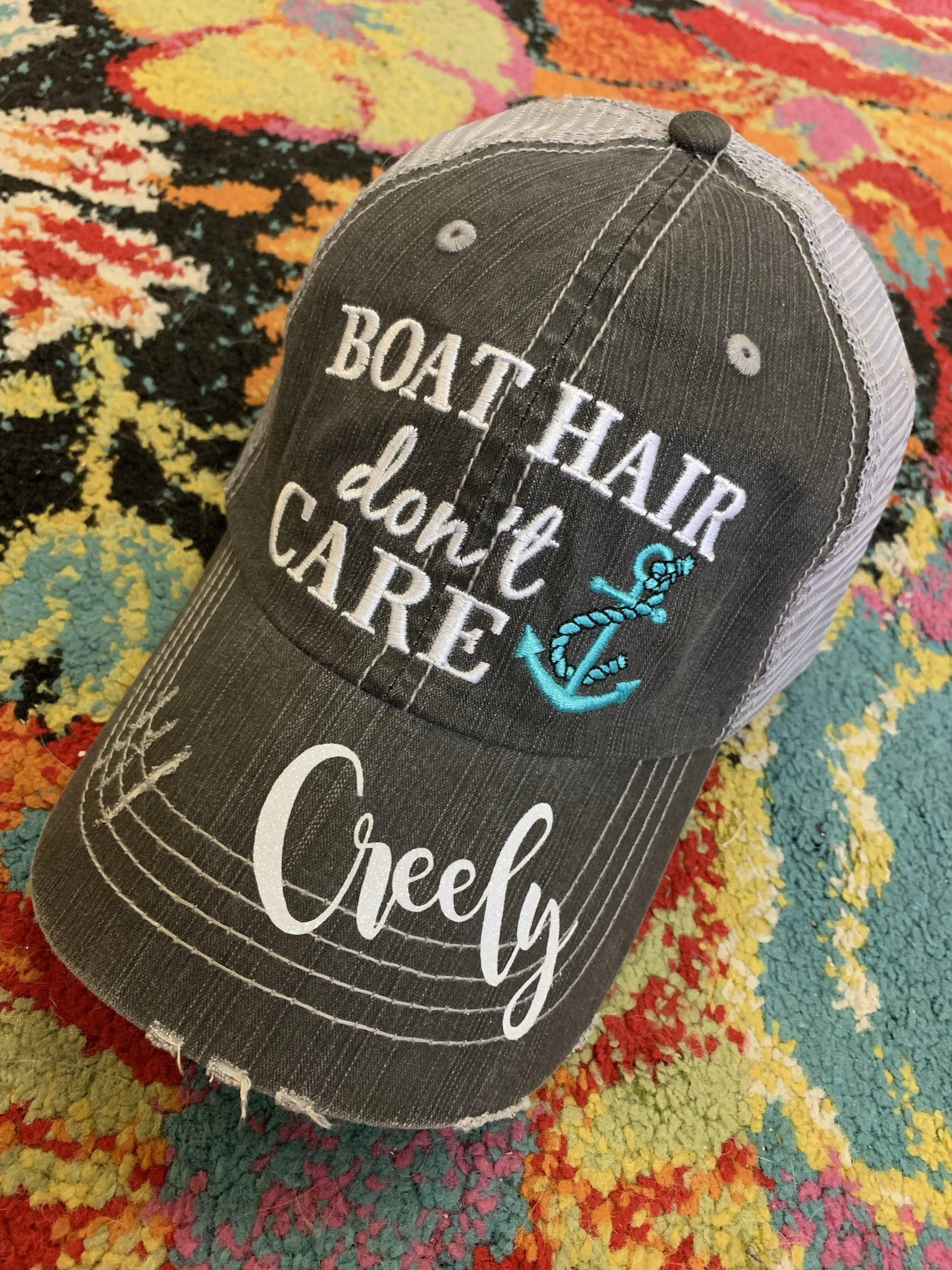 Boating Hats Boat hair dont care Teal or pink anchor Personalized e mbroidered gray distressed trucker caps mesh back adjustable velkro