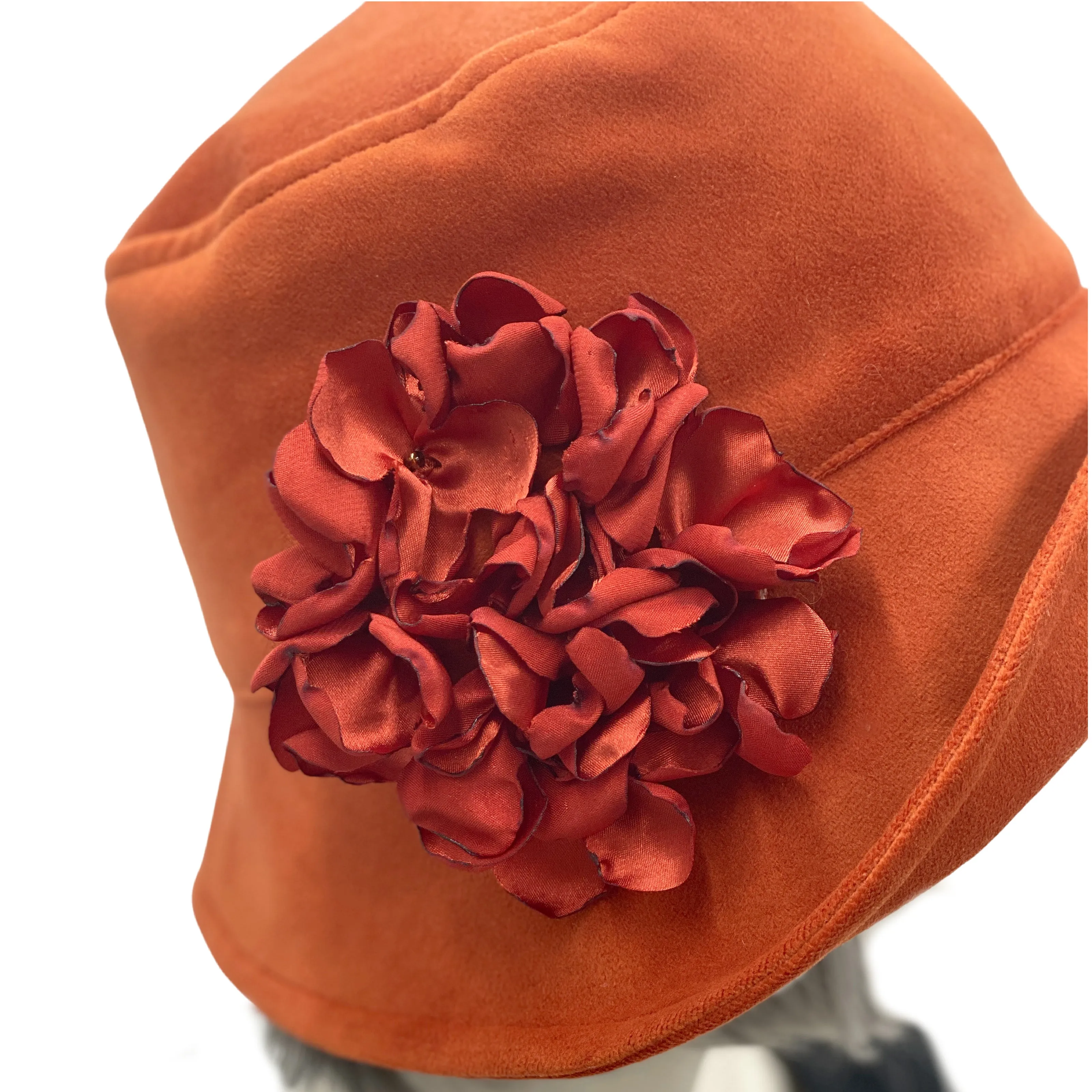 Burnt Orange Velvet Cloche Hat with Hydrangea Flowers | The Eleanor