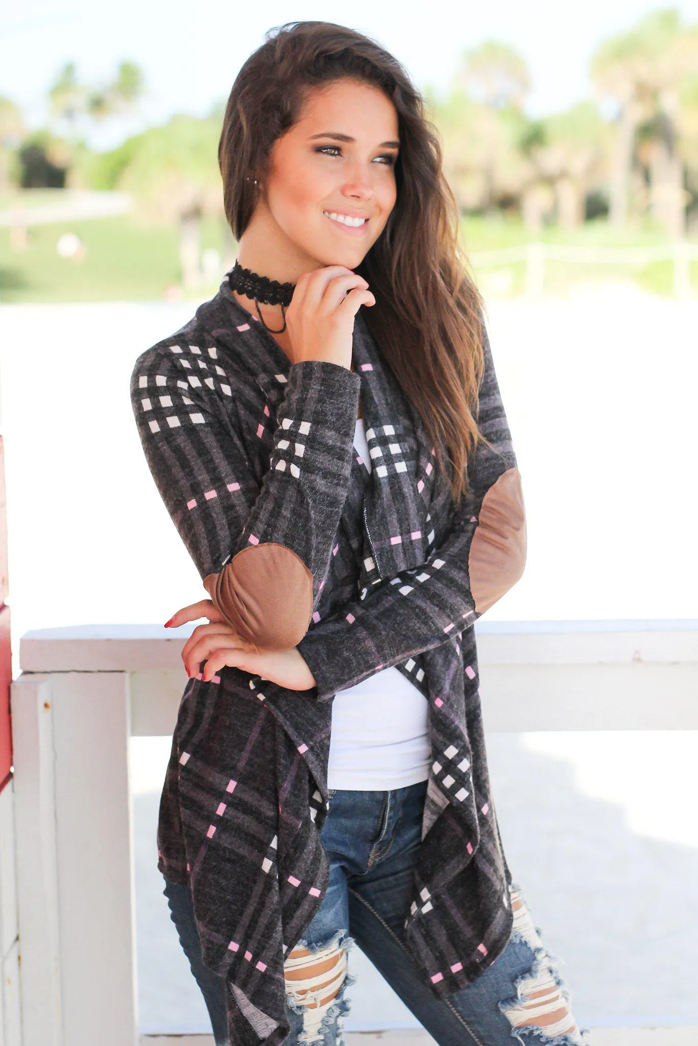 Charcoal Plaid Cardigan with Elbow Patches