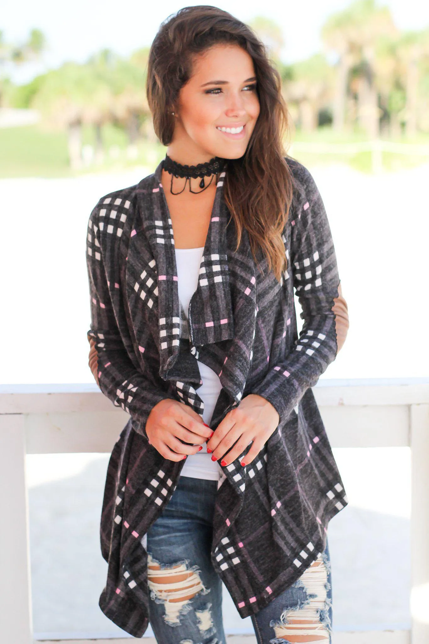 Charcoal Plaid Cardigan with Elbow Patches