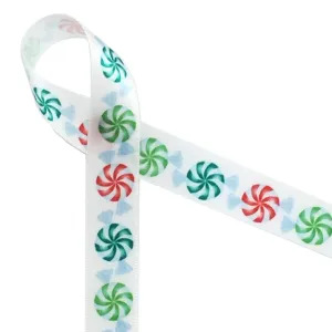 Christmas Candies Ribbon candies in red and green stripes printed on 5/8" white single face satin