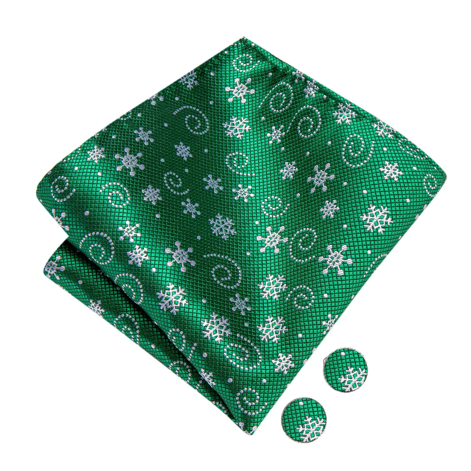 Christmas Green White Snowflake Pre-tied Bow Tie Hanky Cufflinks Set