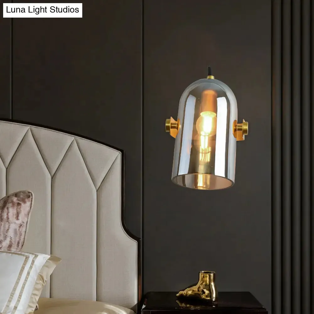 Cloche Sconce Light with Amber/Blue/Smoke Gray Glass in Retro Brass Finish - Bedroom Wall Mount