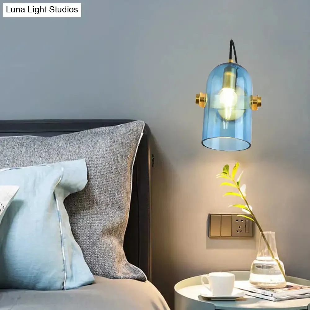 Cloche Sconce Light with Amber/Blue/Smoke Gray Glass in Retro Brass Finish - Bedroom Wall Mount