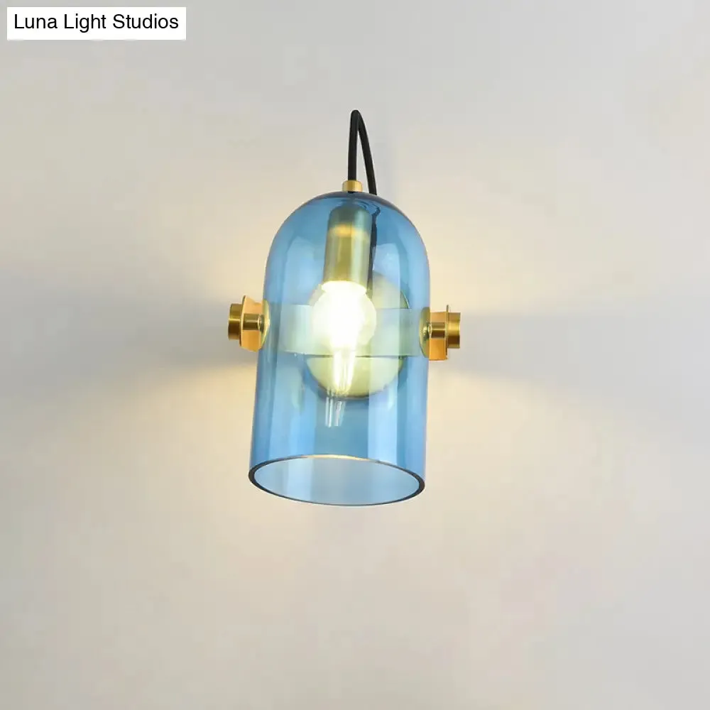 Cloche Sconce Light with Amber/Blue/Smoke Gray Glass in Retro Brass Finish - Bedroom Wall Mount