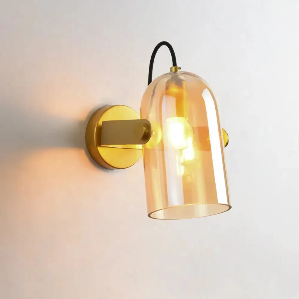 Cloche Sconce Light with Amber/Blue/Smoke Gray Glass in Retro Brass Finish - Bedroom Wall Mount