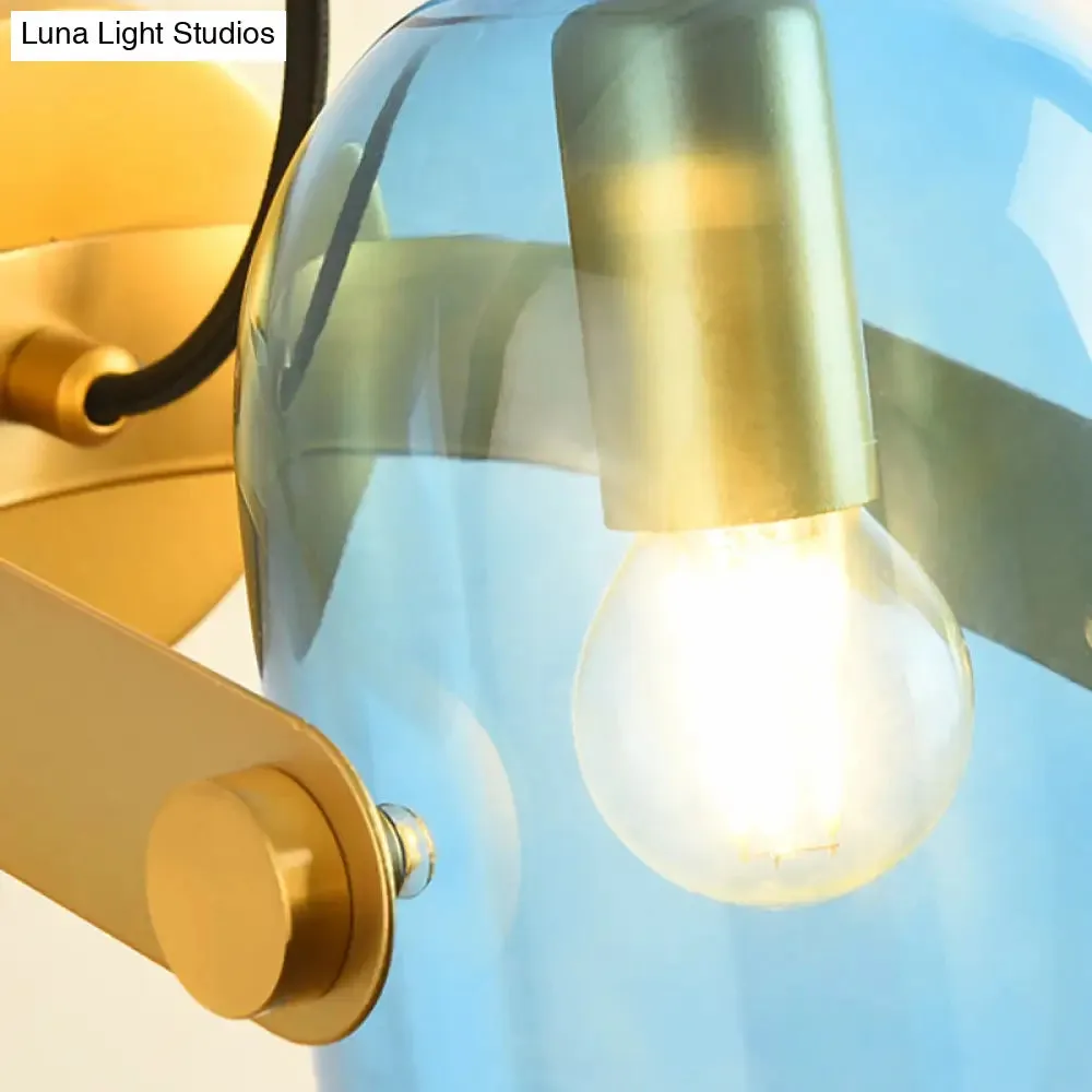 Cloche Sconce Light with Amber/Blue/Smoke Gray Glass in Retro Brass Finish - Bedroom Wall Mount