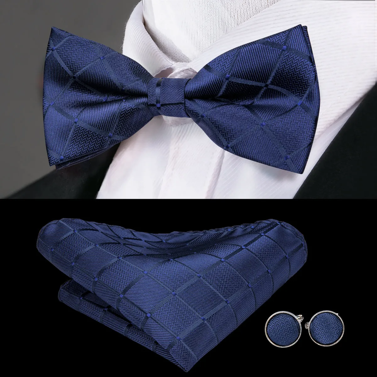 Deep Blue Plaid Pre-tied Bow Tie Hanky Cufflinks Set