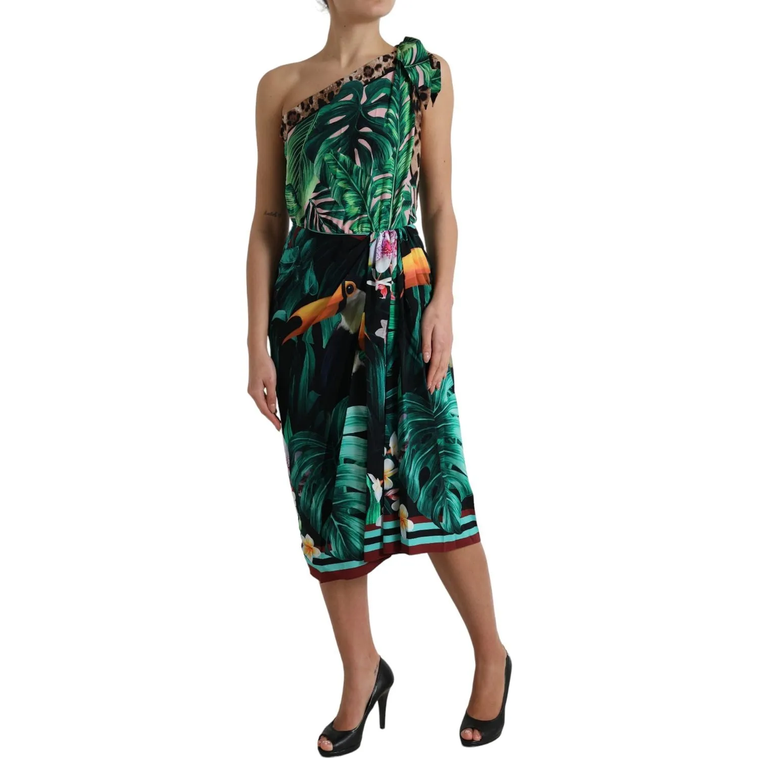 Dolce & Gabbana Tropical Jungle Print One-Shoulder Dress