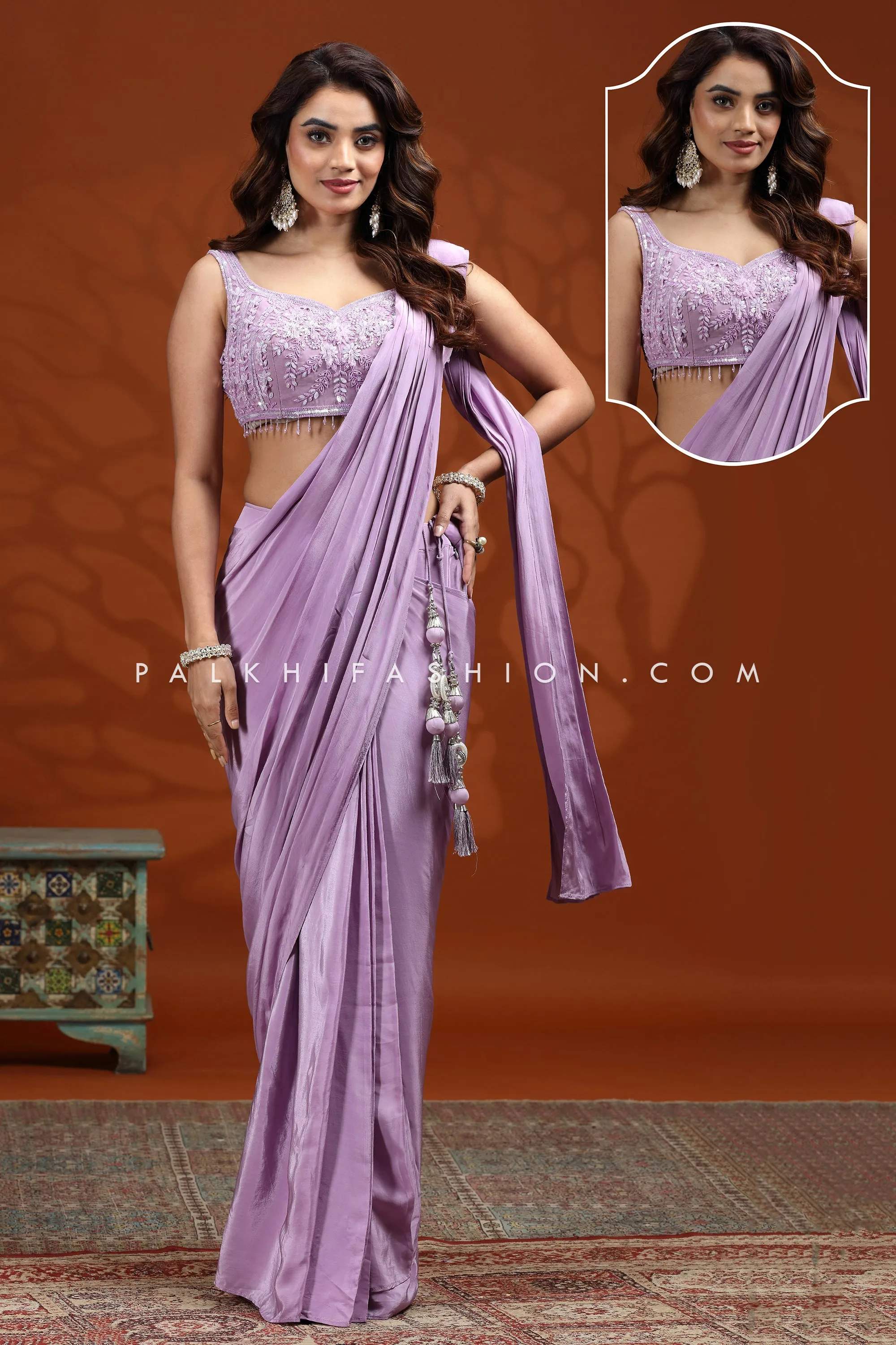 Effortless Grace: Lilac Ready-to-Wear Saree with Handwork Blouse