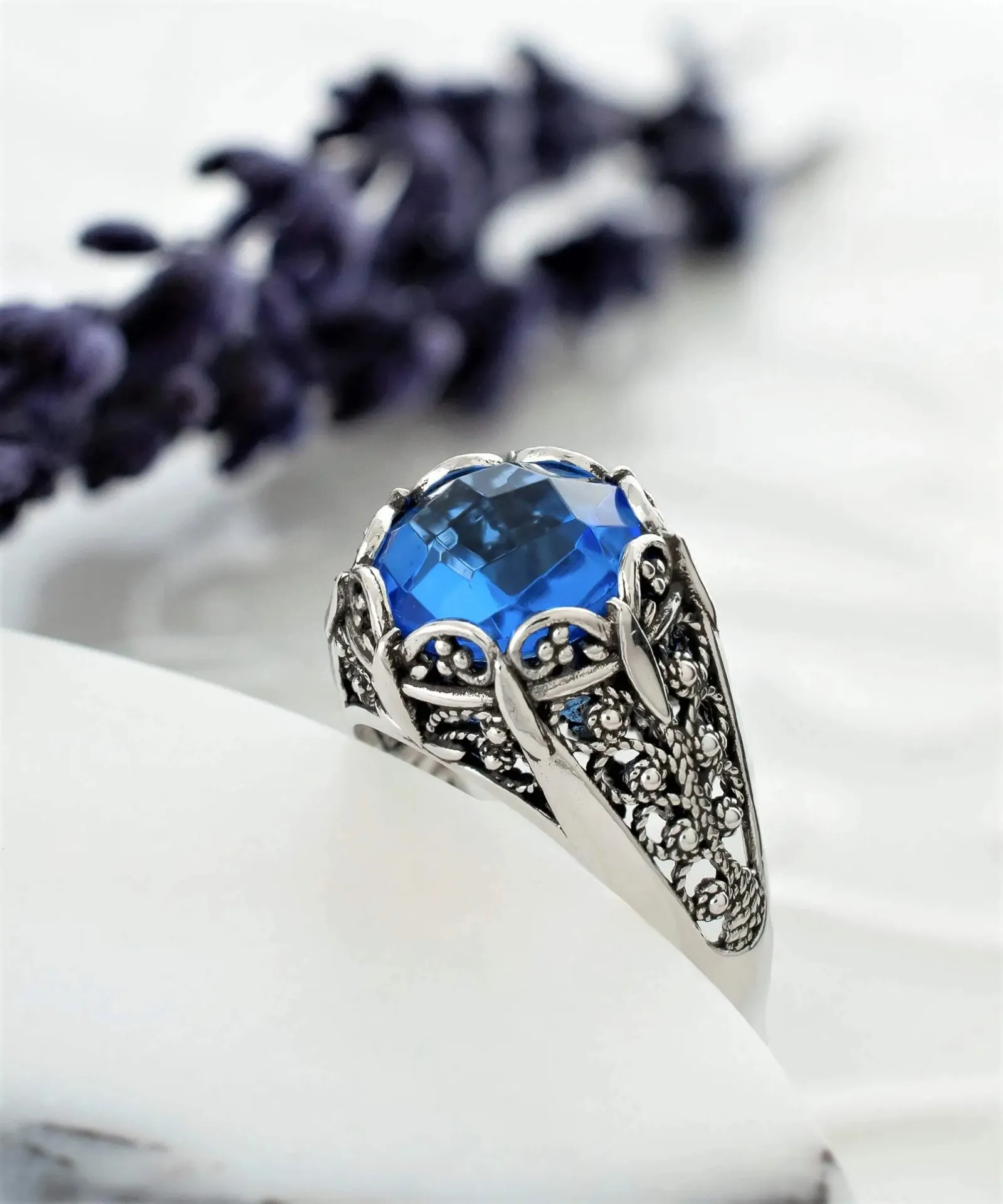 Elegant Azure: Blue Quartz Sterling Silver Filigree Cocktail Ring