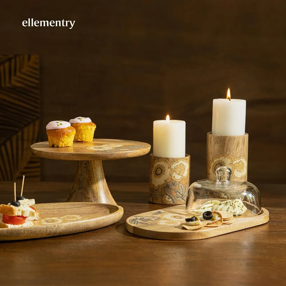 Ellementry Fleur D'or Platter with Glass Cloche | Premium Wooden Serving Trays for Cakes, Pastries, Snacks and Breakfast | Handmade Modern Kitchen and Dining Decorative, Coffee Table and Home Decor