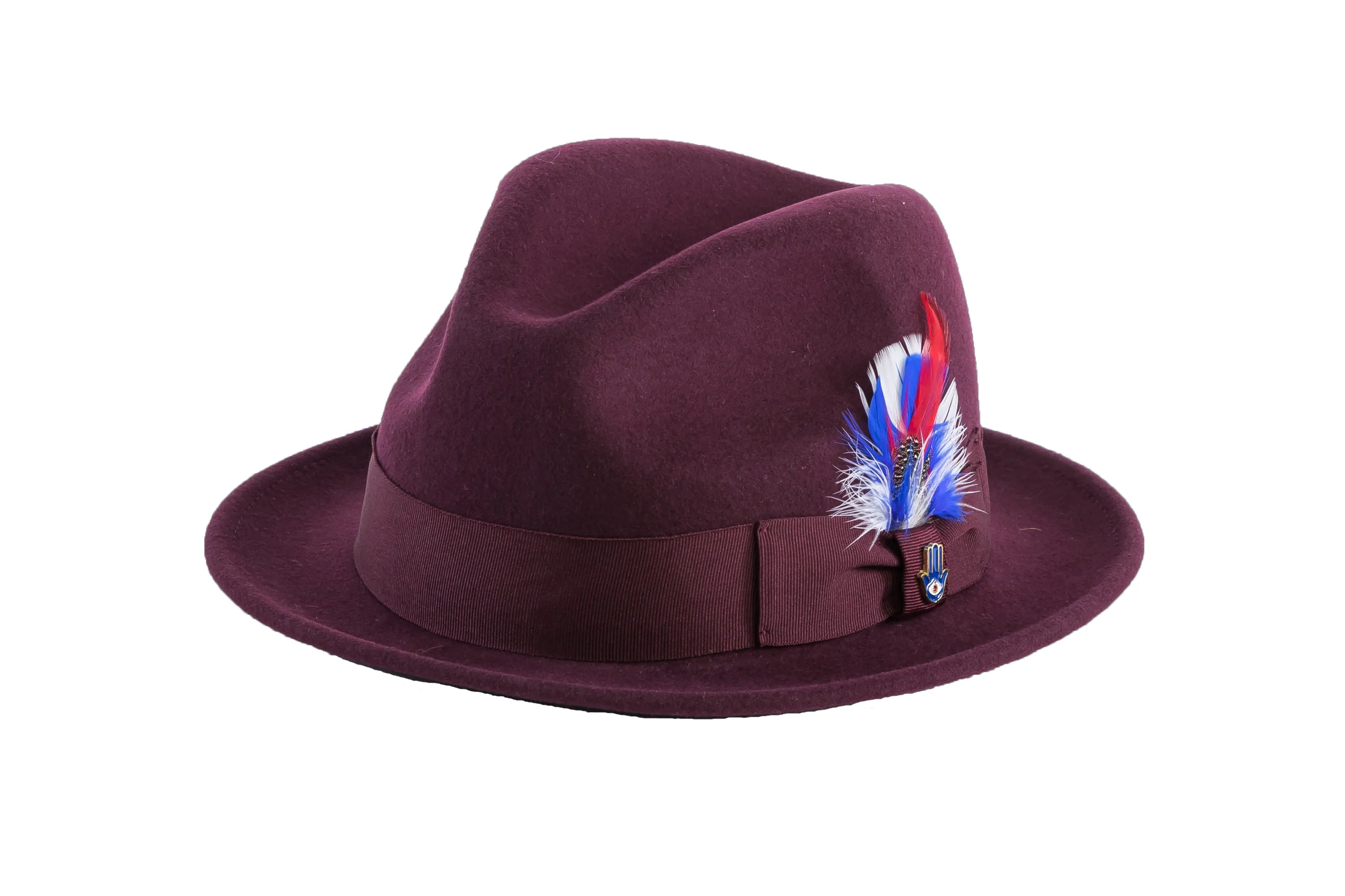 Ferrecci Brooks Trilby Soft 100% Australian Wool Felt Body with Removable Feather Fully Crushable burgundy hat Great for Travel