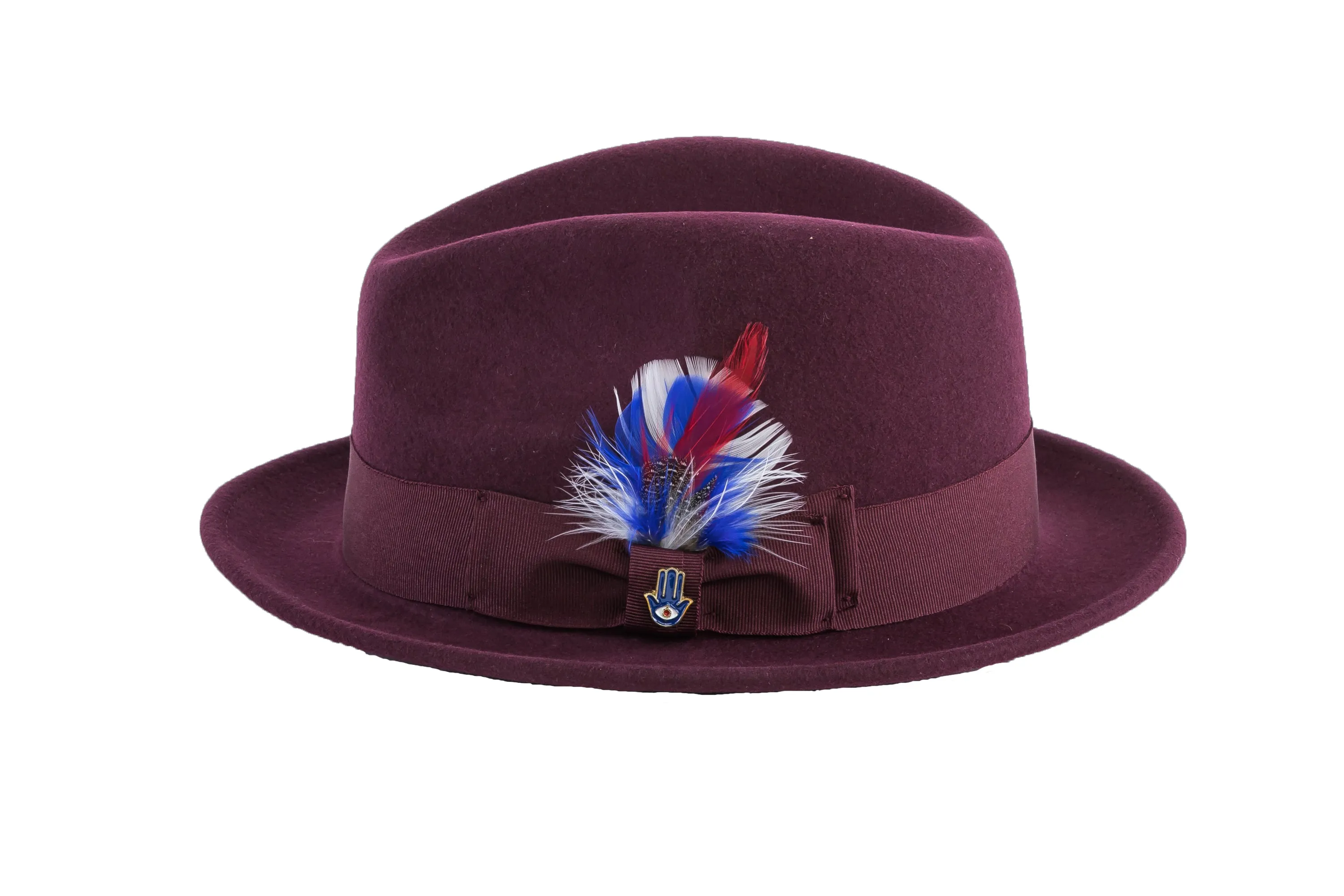 Ferrecci Brooks Trilby Soft 100% Australian Wool Felt Body with Removable Feather Fully Crushable burgundy hat Great for Travel