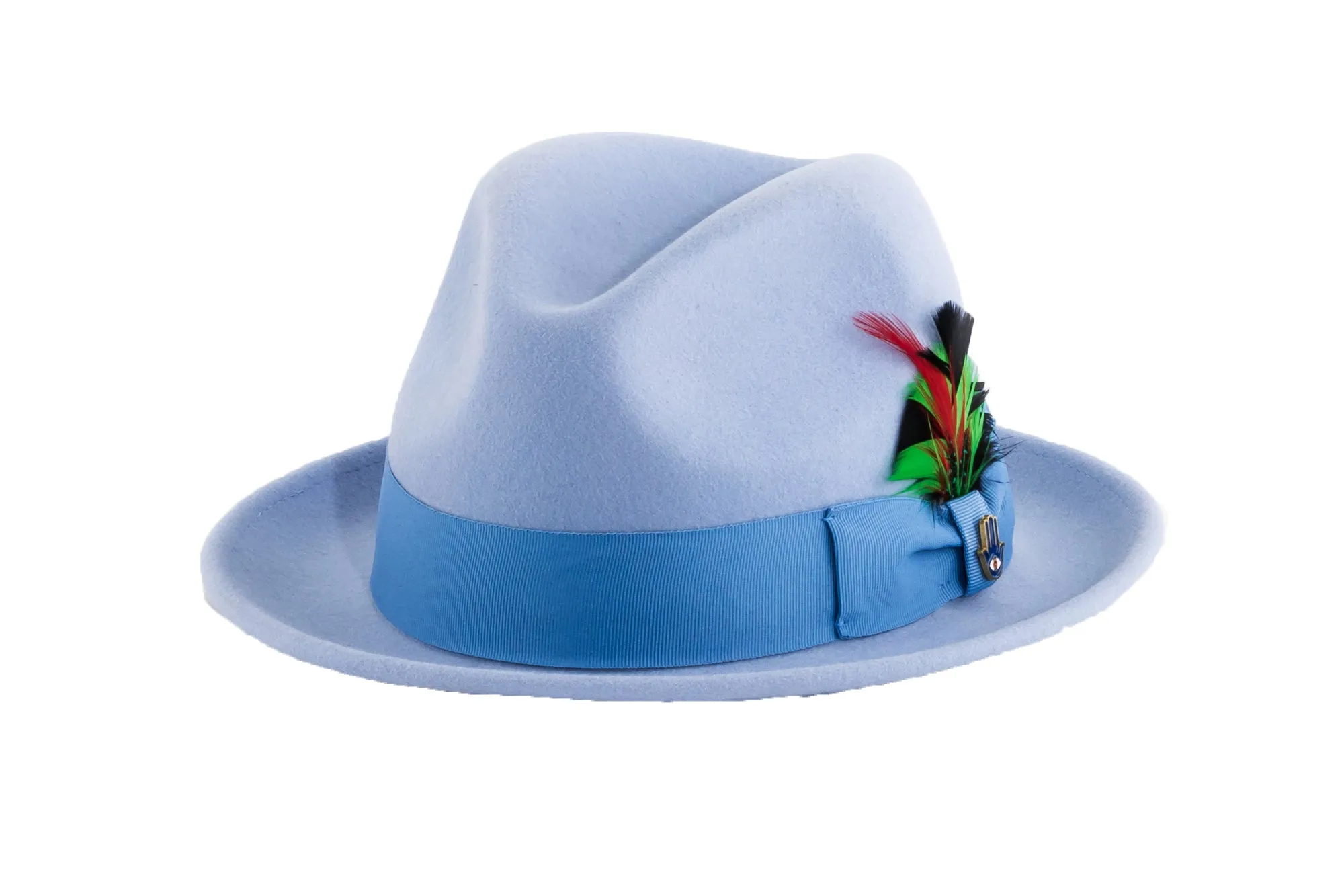 Ferrecci Brooks Trilby Soft 100% Australian Wool Felt Body with Removable Feather Fully Crushable sky blue hat Great for Travel