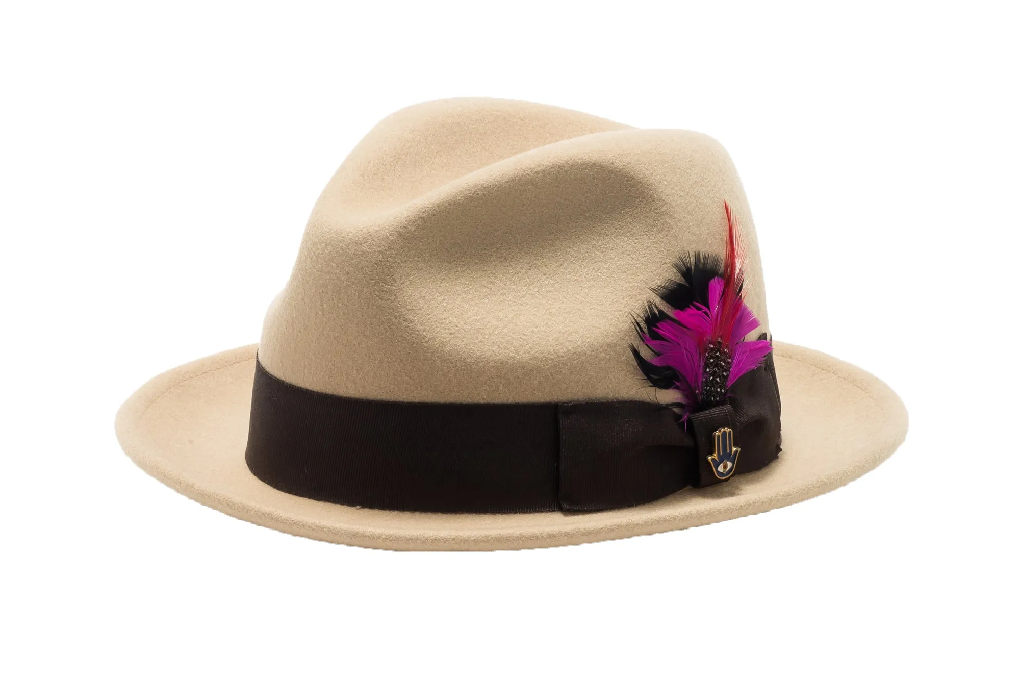 Ferrecci Brooks Trilby Soft 100% Australian Wool Felt Body with Removable Feather Fully Crushable tan brown hat Great for Travel